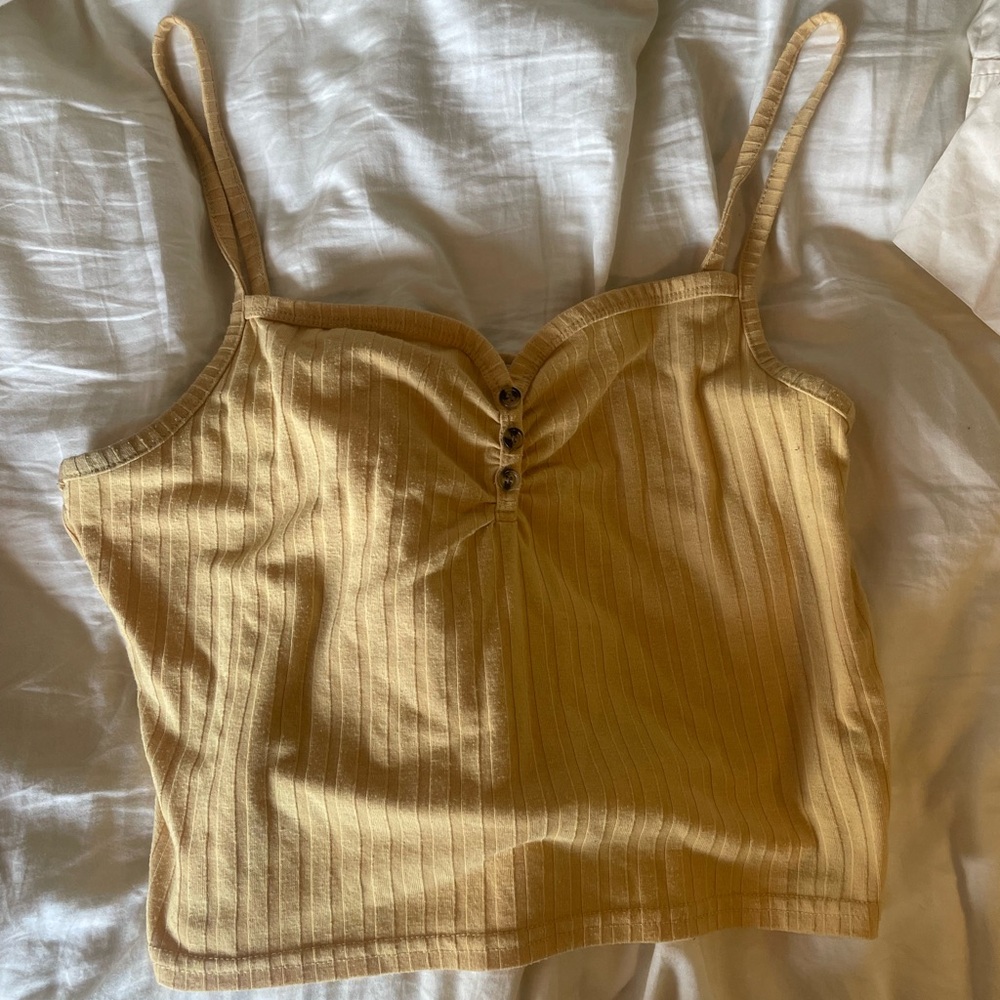 Cropped Yellow Topshop Tank Top with Button Detail (Size L)